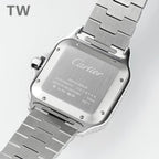 Cartier diamond-set rectangular watch from the back with engraved metal case
