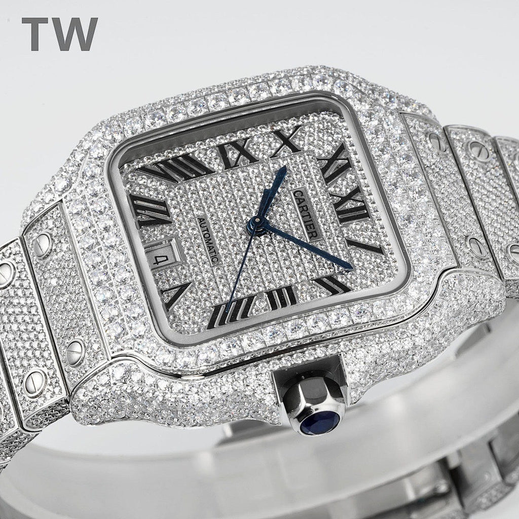 Cartier diamond-set rectangular watch close-up with black Roman numerals and blue hands
