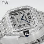 Cartier diamond-set rectangular watch close-up with black Roman numerals and blue hands