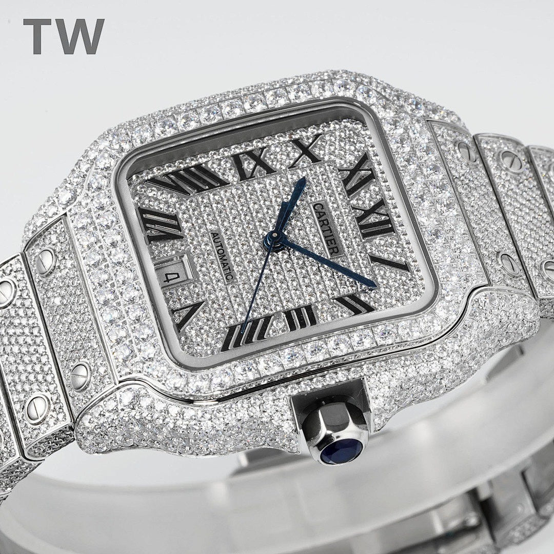 Cartier diamond-set rectangular watch close-up with black Roman numerals and blue hands
