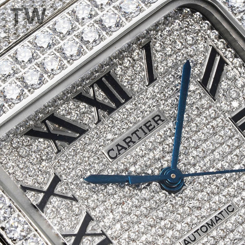 Cartier watch dial close-up with diamond texture, Cartier logo, and blue second hand