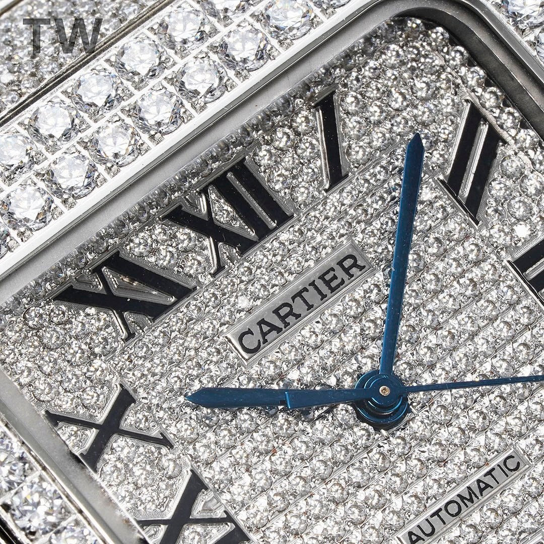 Cartier watch dial close-up with diamond texture, Cartier logo, and blue second hand