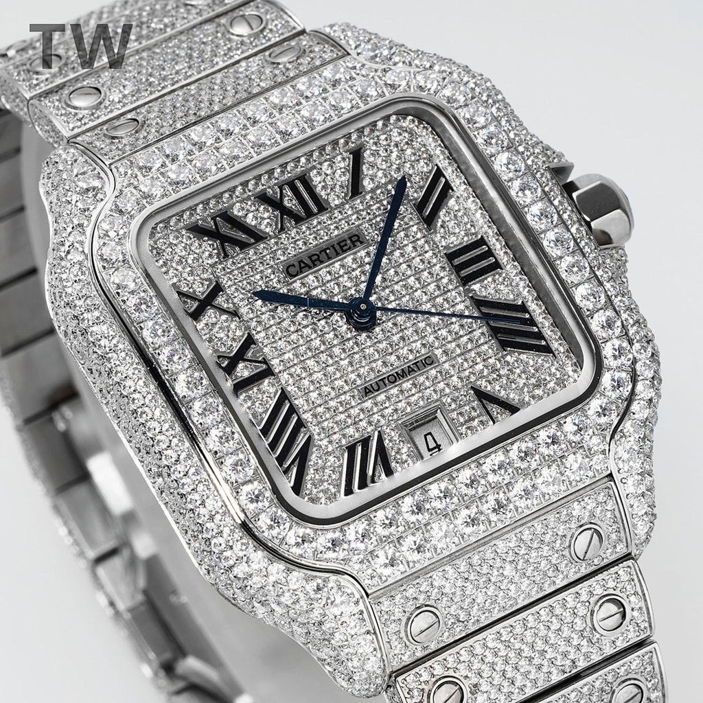 Cartier diamond-set rectangular watch face close-up with Roman numerals and blue hands