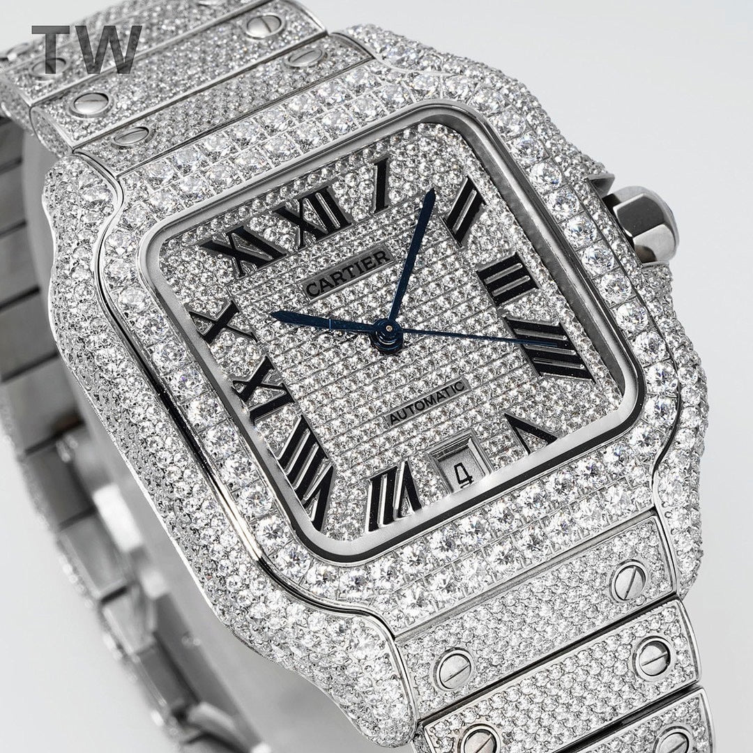 Cartier diamond-set rectangular watch face close-up with Roman numerals and blue hands