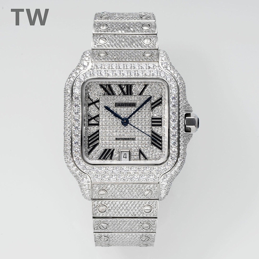 Cartier diamond-set rectangular watch with black dial, Roman numerals, and blue hands