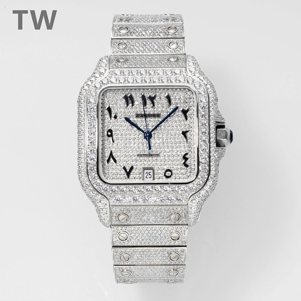 Diamond Cartier square watch with blue dial and blue hands