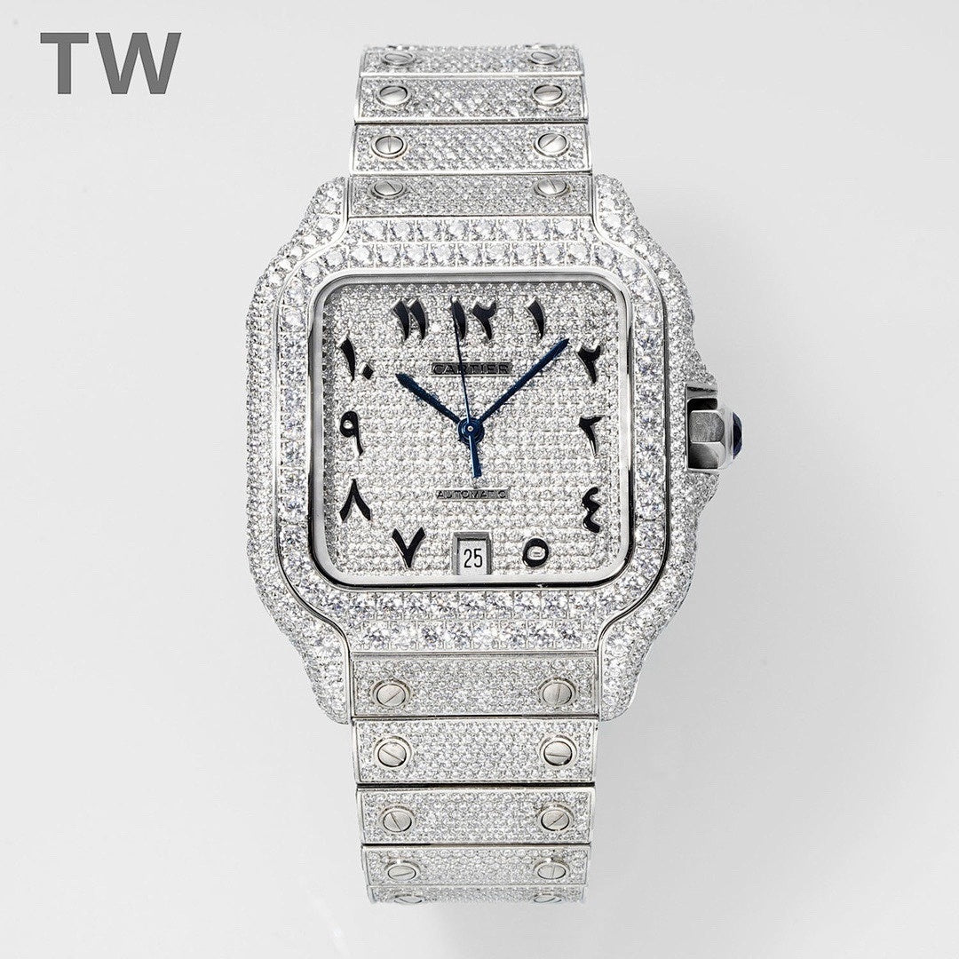 Diamond Cartier square watch with blue dial and blue hands
