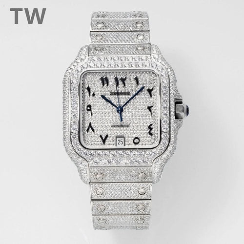 Diamond Cartier square watch with blue dial and blue hands