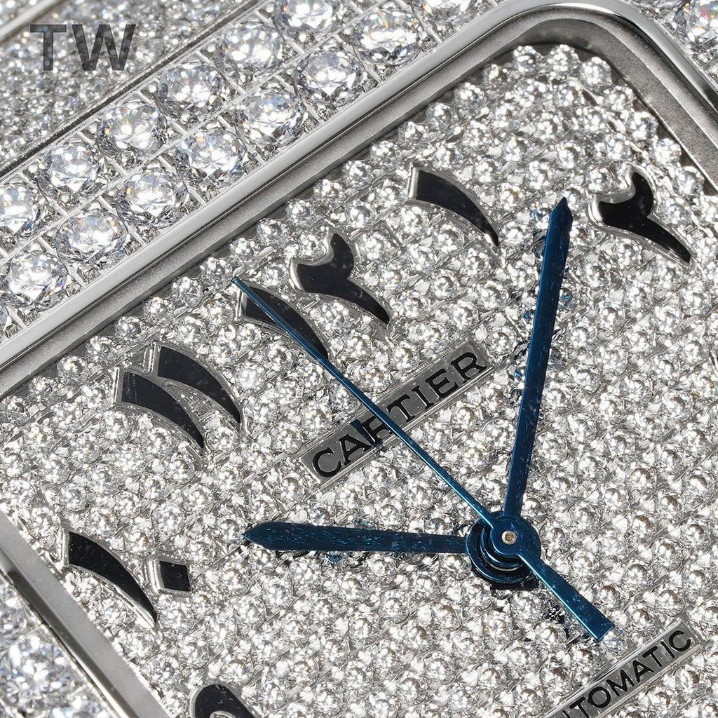 Close-up of Cartier watch face with blue hands and diamond dial