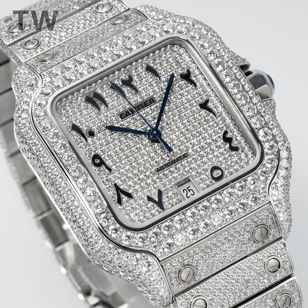 Diamond Cartier watch with blue dial, date window at 25, and bracelet links