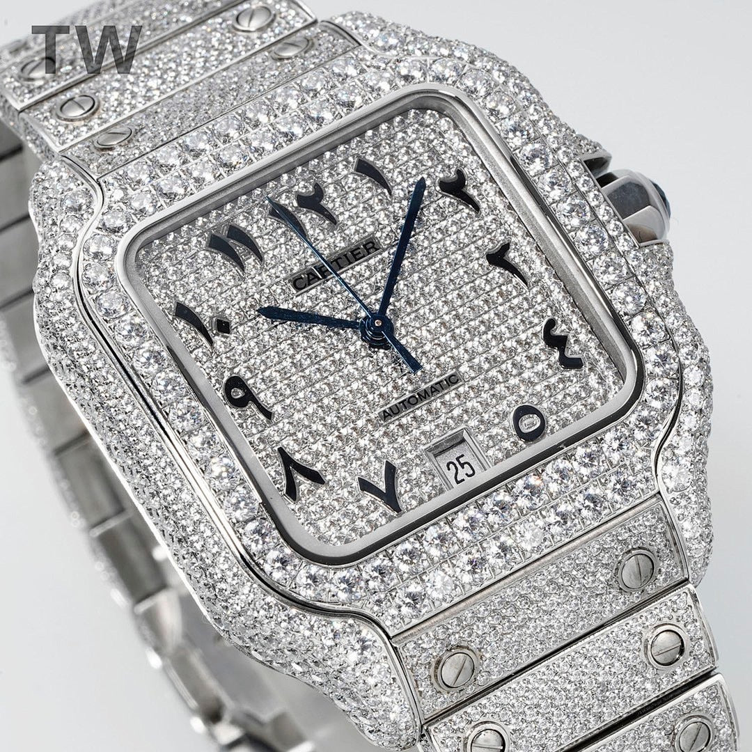Diamond Cartier watch with blue dial, date window at 25, and bracelet links