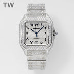 Cartier diamond square watch with blue dial and blue hour/minute hands