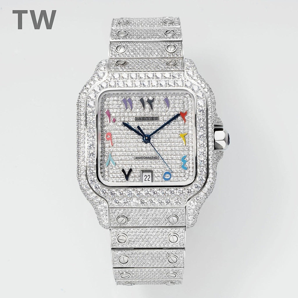 Diamond-studded rectangular wristwatch with multicolor hour markers and blue hands