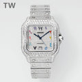 Diamond-studded rectangular wristwatch with multicolor hour markers and blue hands