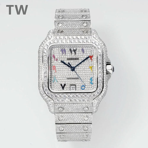 Diamond-studded rectangular wristwatch with multicolor hour markers and blue hands