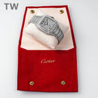 Diamond-studded rectangular wristwatch resting in a red jewelry pouch