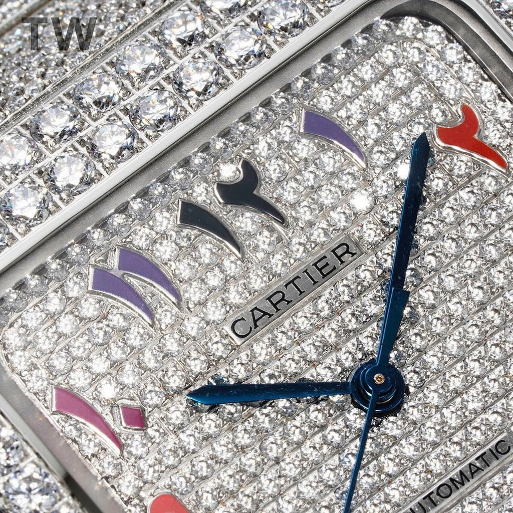 Diamond dial wristwatch with red and purple accents, blue minute hand, and Cartier logo