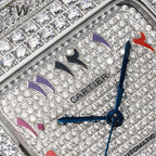 Diamond dial wristwatch with red and purple accents, blue minute hand, and Cartier logo