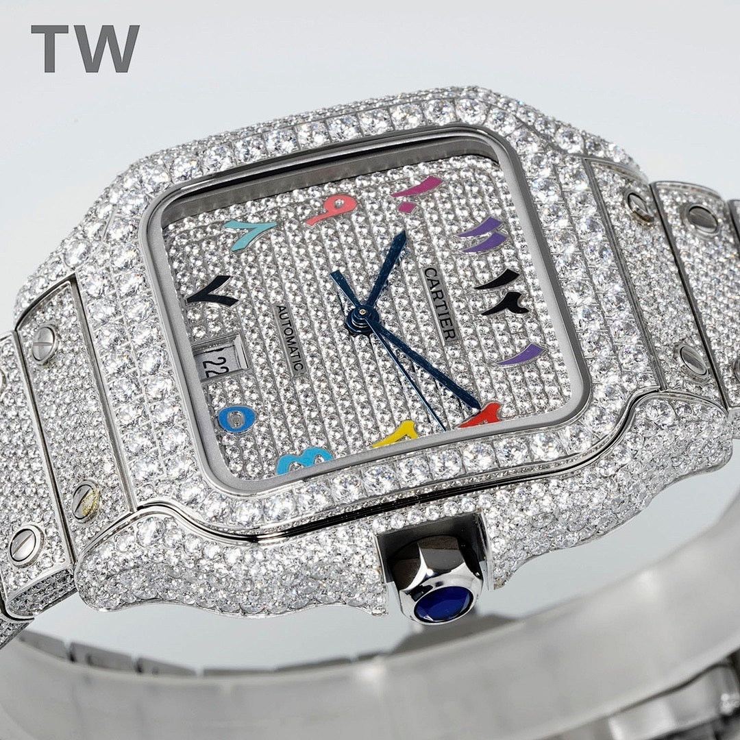 Diamond bezel rectangular wristwatch with multicolor hour markers and blue hands