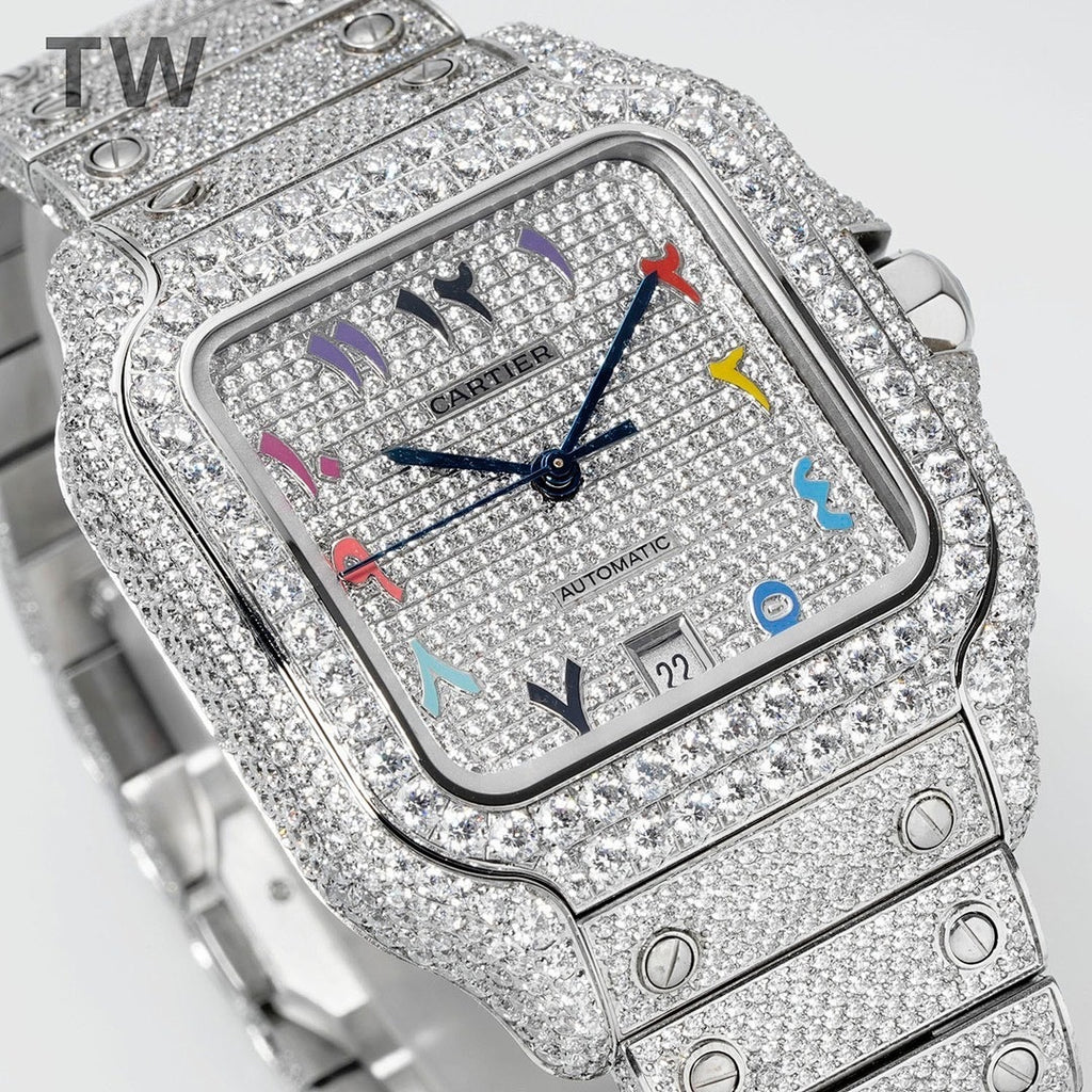 Diamond-studded rectangular wristwatch with colorful hour markers and black center hands