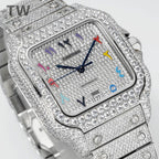 Diamond-studded rectangular wristwatch with colorful hour markers and black center hands
