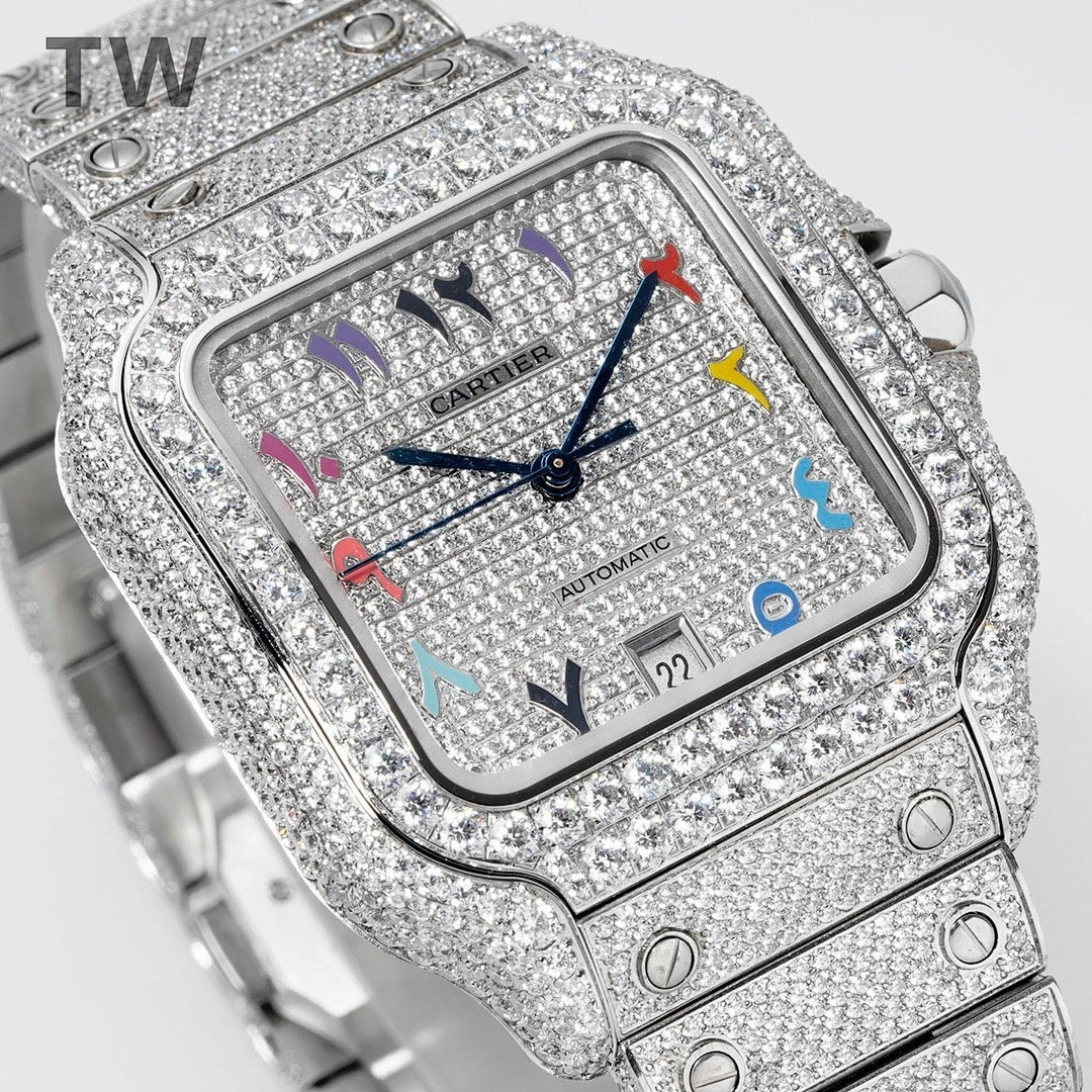 Diamond-studded rectangular wristwatch with colorful hour markers and black center hands