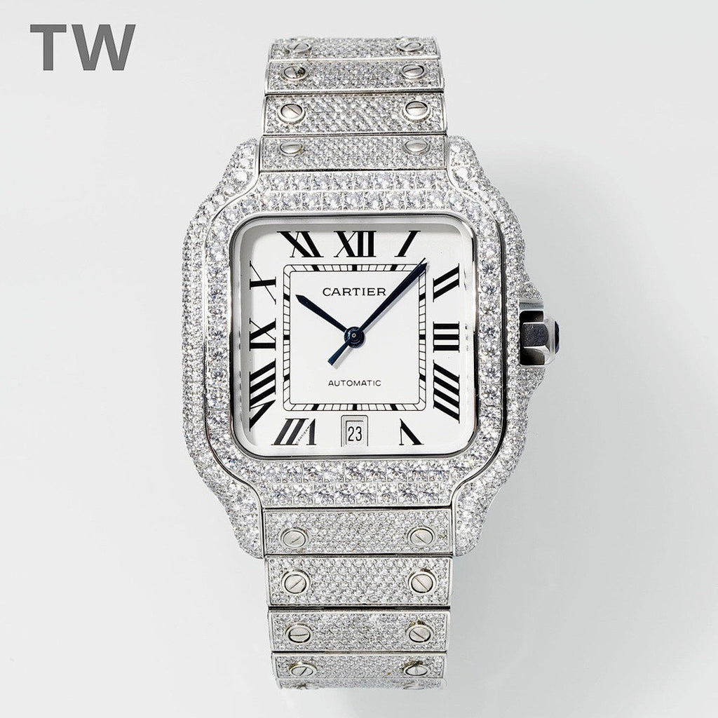 Cartier diamond wristwatch with rectangular case, Roman numerals, white dial, link bracelet