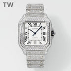 Cartier diamond wristwatch with rectangular case, Roman numerals, white dial, link bracelet