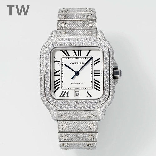 Cartier diamond wristwatch with rectangular case, Roman numerals, white dial, link bracelet