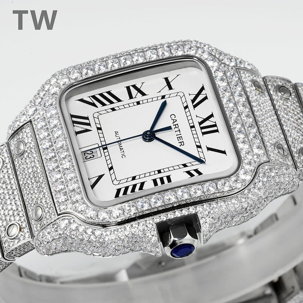 Cartier diamond wristwatch angled view with Roman numerals, date window, blue second hand