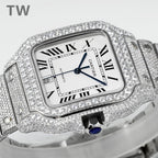 Cartier diamond wristwatch angled view with Roman numerals, date window, blue second hand