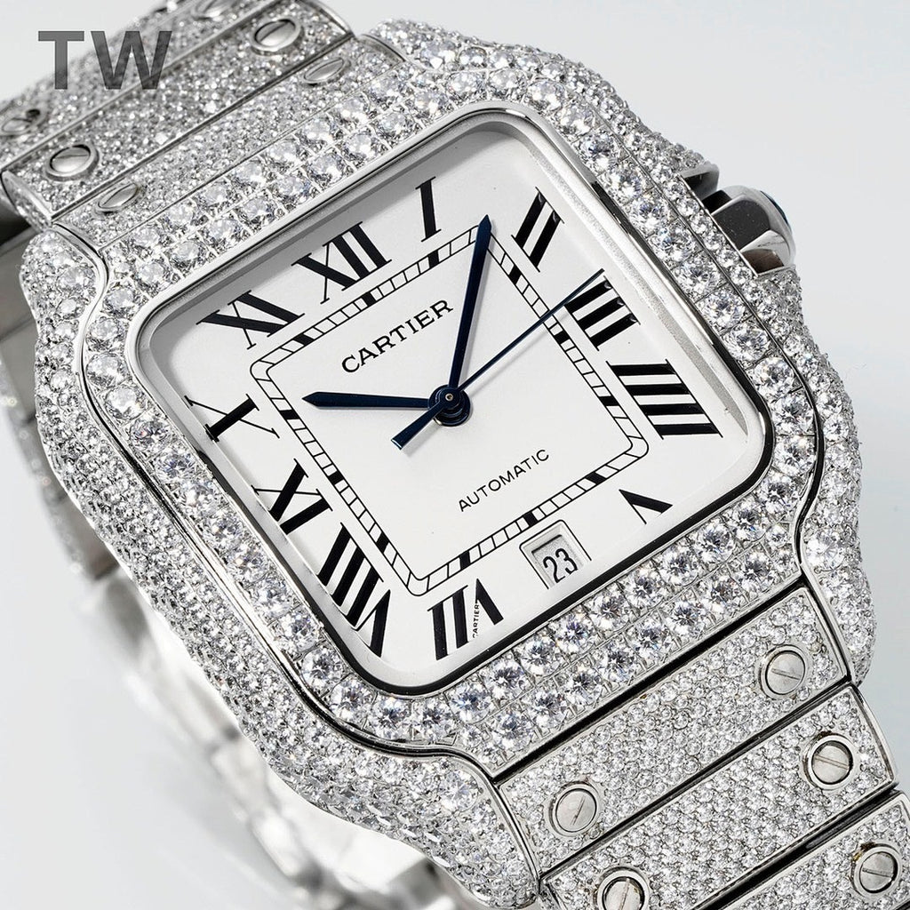 Cartier diamond wristwatch with rectangular case, Roman numerals, white dial and date
