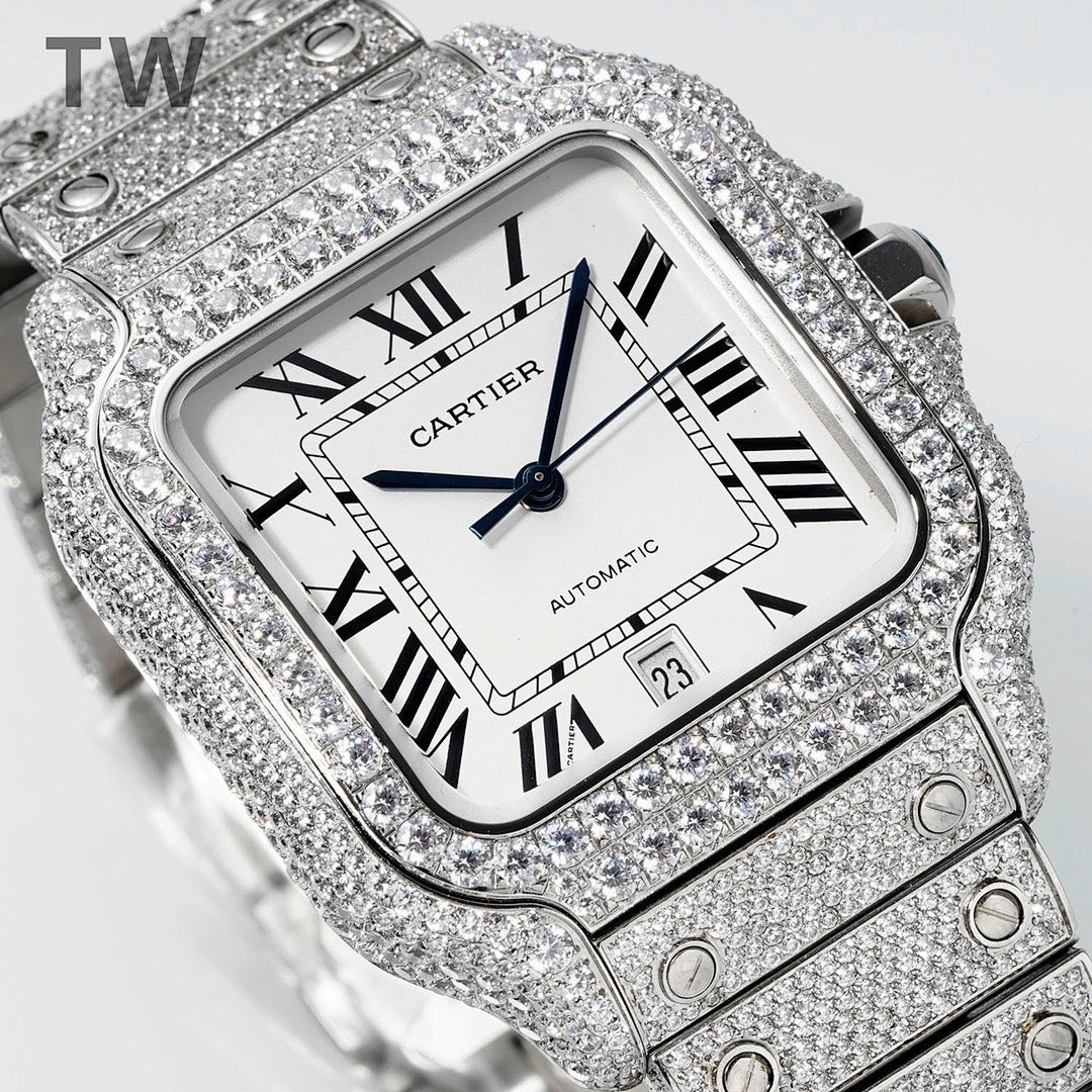 Cartier diamond wristwatch with rectangular case, Roman numerals, white dial and date