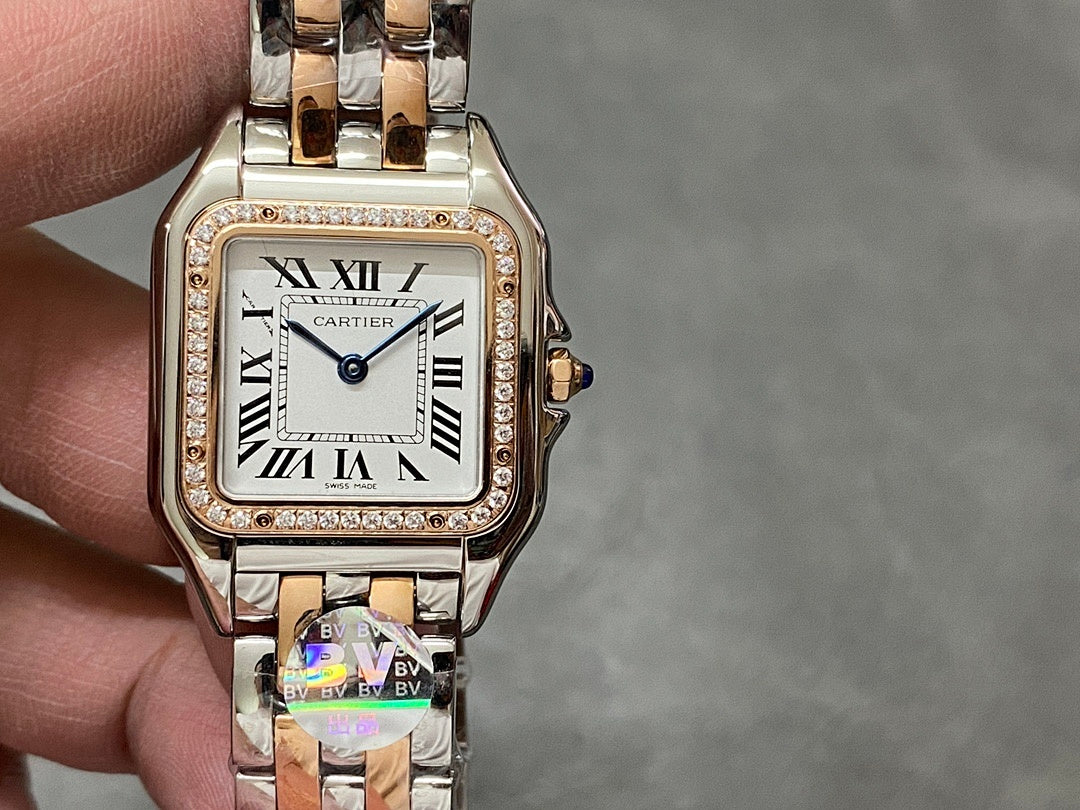 Two-tone square dial wristwatch with diamond bezel and Roman numeral hour markers