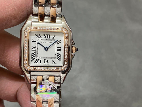 Two-tone square dial wristwatch with diamond bezel and Roman numeral hour markers