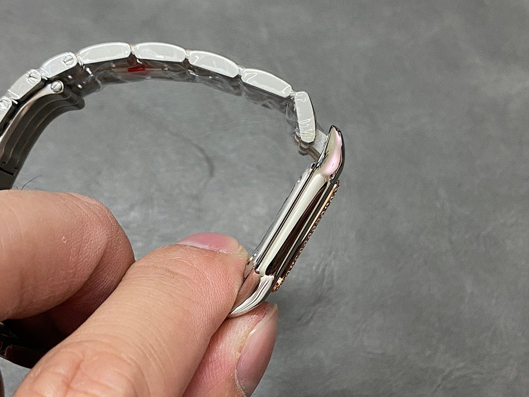 Two-tone watch bracelet underside and clasp area with polished metal links