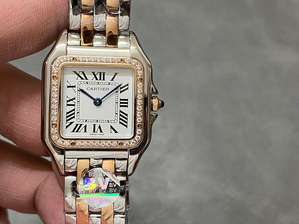 Two-tone square dial wristwatch with Roman numeral markers and diamond bezel, front view