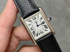 Rectangular watch with black leather strap, white face, Roman numerals, blue center hands.