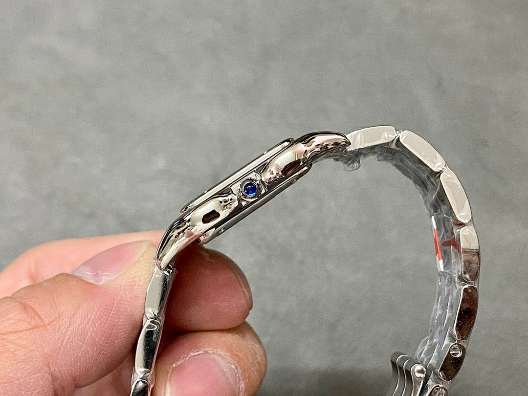 Silver-tone watch side view with bezel and crown