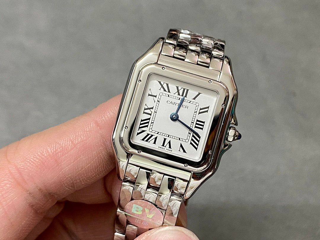 Cartier watch with silver-tone bracelet and white Roman numeral dial