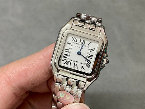 Cartier watch with silver-tone bracelet and white Roman numeral dial