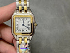 Cartier square-faced watch with Roman numerals and gold bezel, two-tone metal bracelet