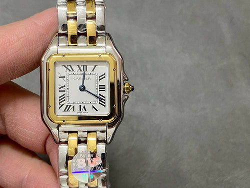 Cartier square-faced watch with Roman numerals and gold bezel, two-tone metal bracelet