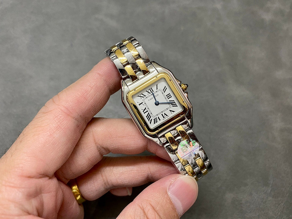 Cartier square watch with Roman numerals, two-tone bracelet and gold-toned case