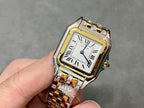 Cartier two-tone metal watch with square gold bezel, Roman numerals, black hands