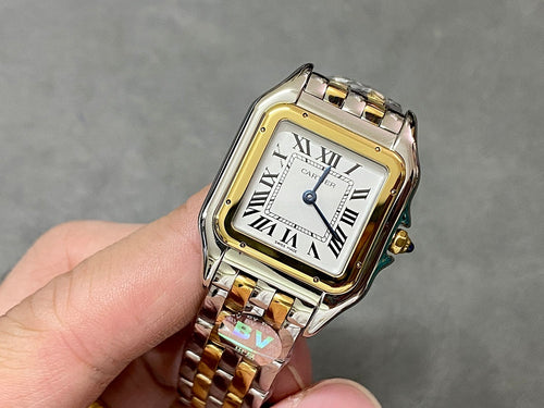 Cartier two-tone metal watch with square gold bezel, Roman numerals, black hands