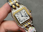 Cartier close-up of square watch face with Roman numerals and two-tone metal bracelet