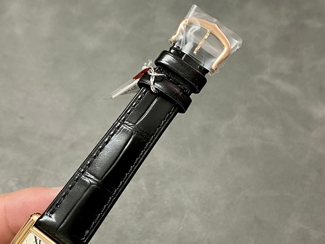 Cartier watch black leather strap with clasp and gold-toned hardware