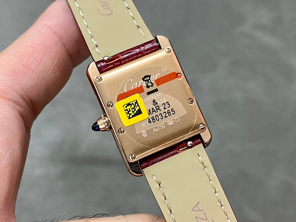 Gold-tone watch caseback with serial details and burgundy leather strap
