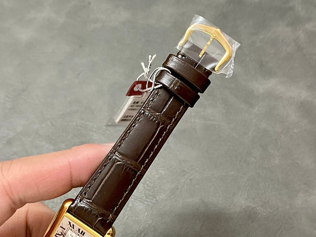 Cartier watch brown leather strap with metal buckle and clear protective cover